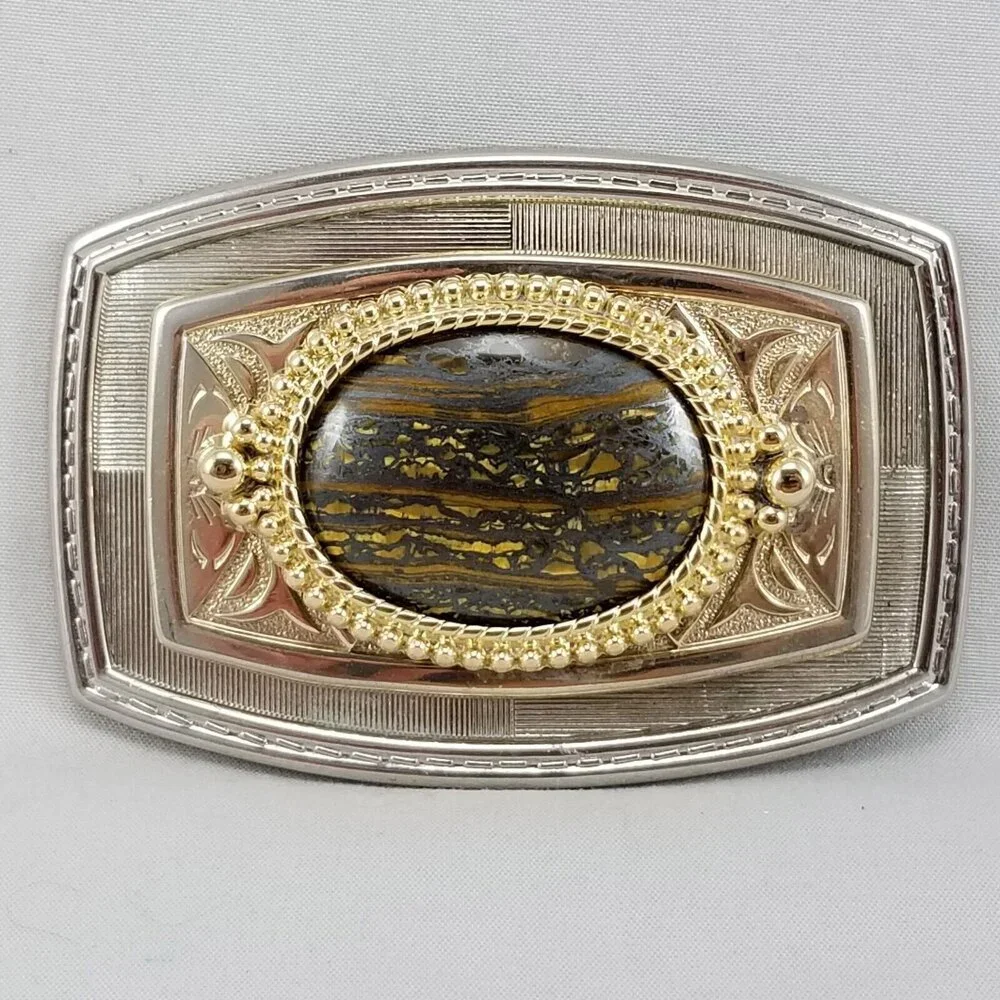 Belt Buckle Women's Unisex Onyx Ornate Western Filigree Gold And Silver Color‎